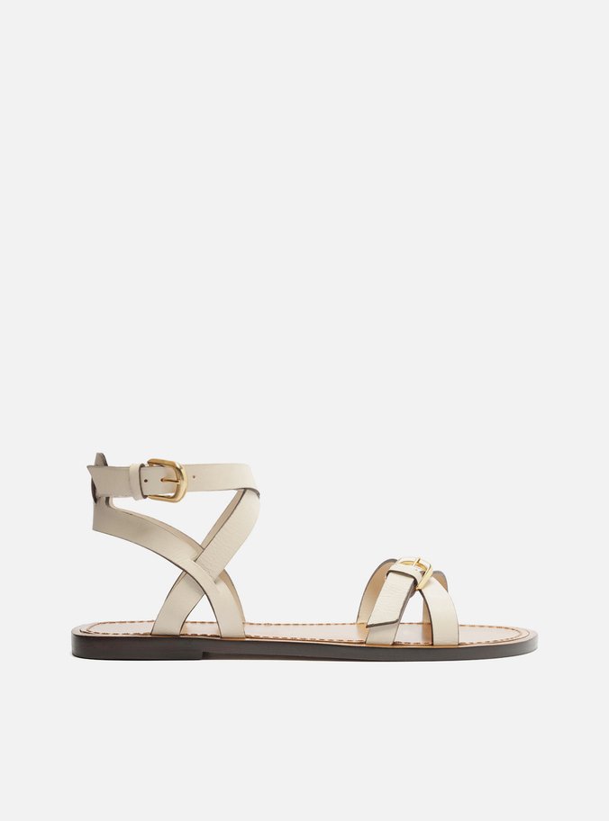 Sandália Rasteira Off-White Couro Tiras Fivelas