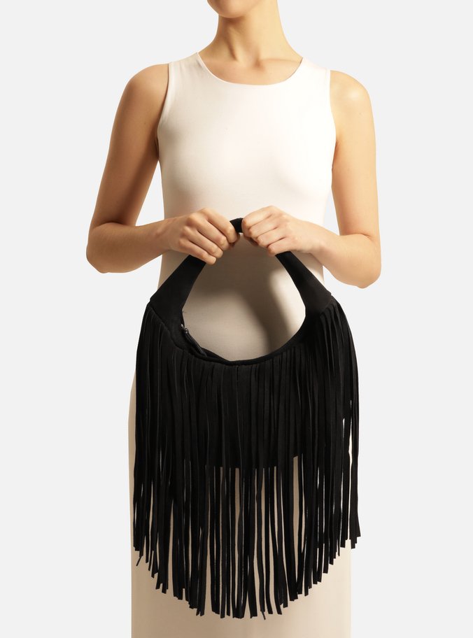 Bolsa Hobo Preta Suede Pequena Franjas TIG