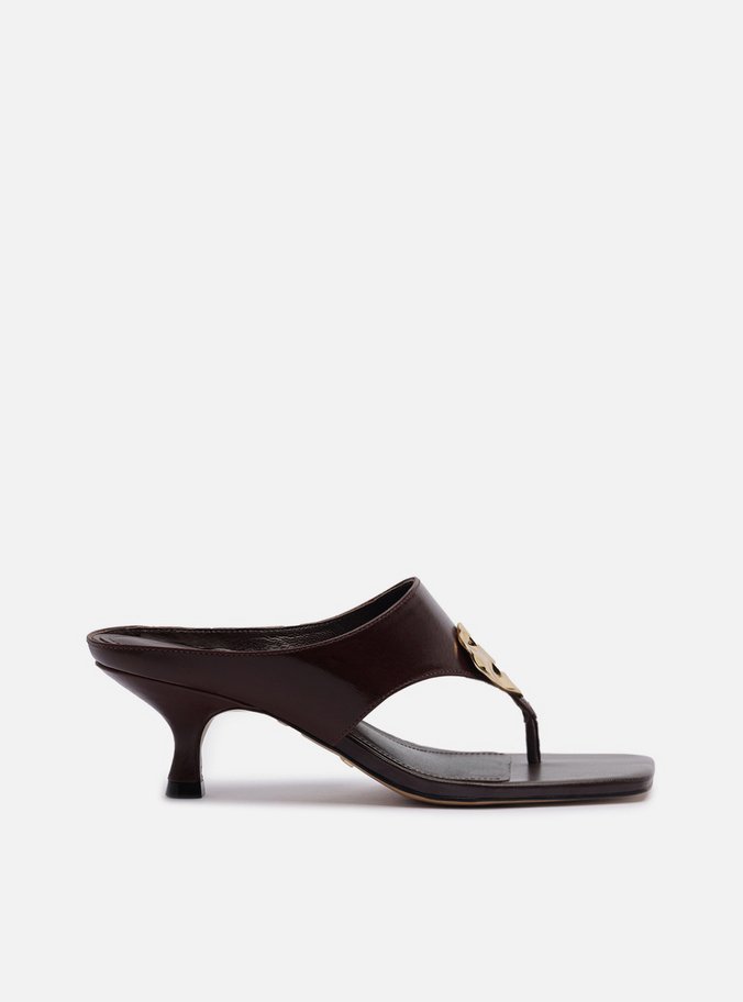 Sandália Marrom Couro Salto Kitten Thong Metal