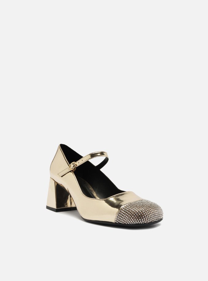 Sapato Boneca Dourado Salto Bloco Strass