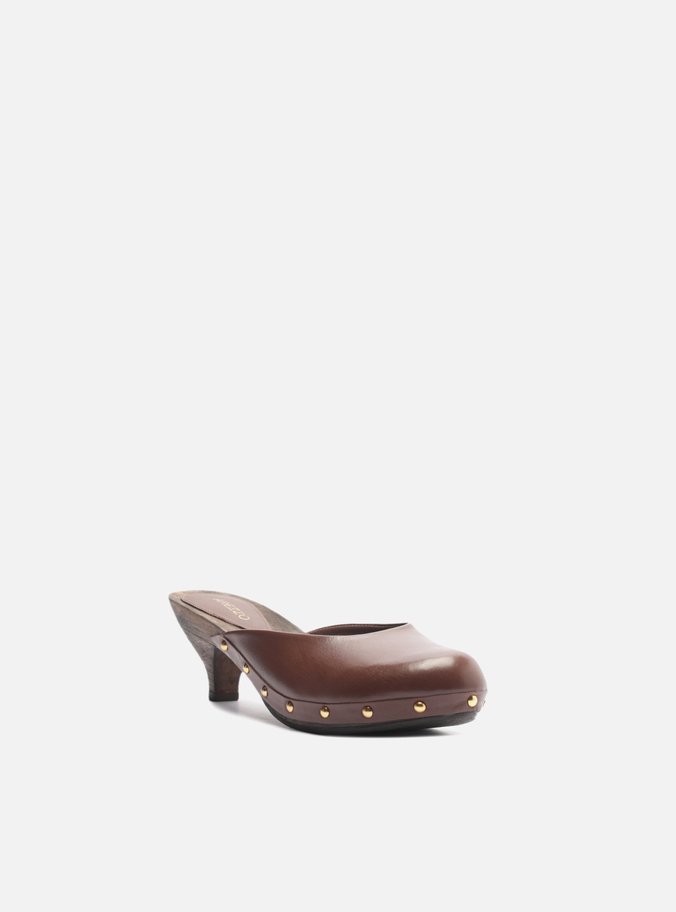Mule Clog Marrom Couro Salto Baixo