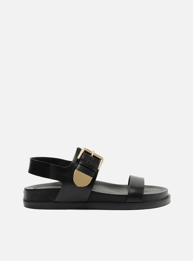 Sandália Rasteira Preta Couro Maxi Fivela