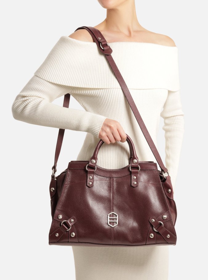 Bolsa Tote Bordô Couro Grande Tiras Metais