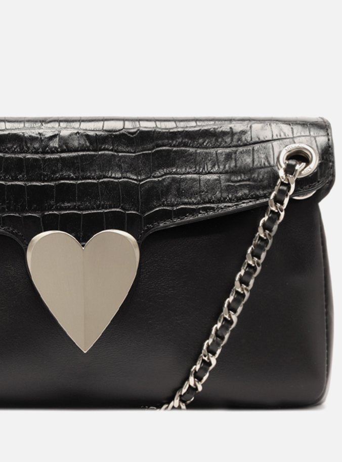 Bolsa Tiracolo Preta Couro Média Coração Metal