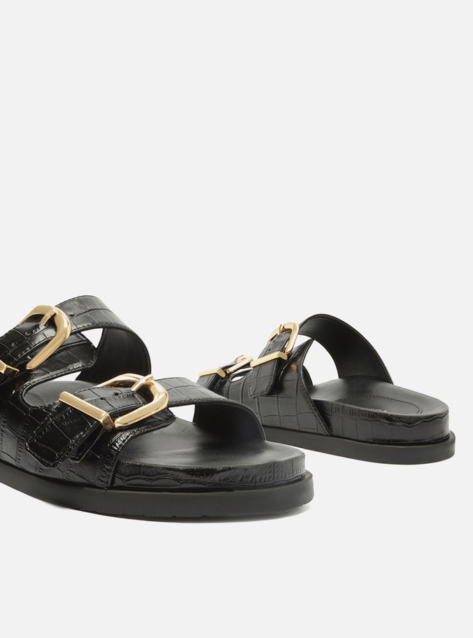 Sandália Papete Preta Croco Flatform Fivelas