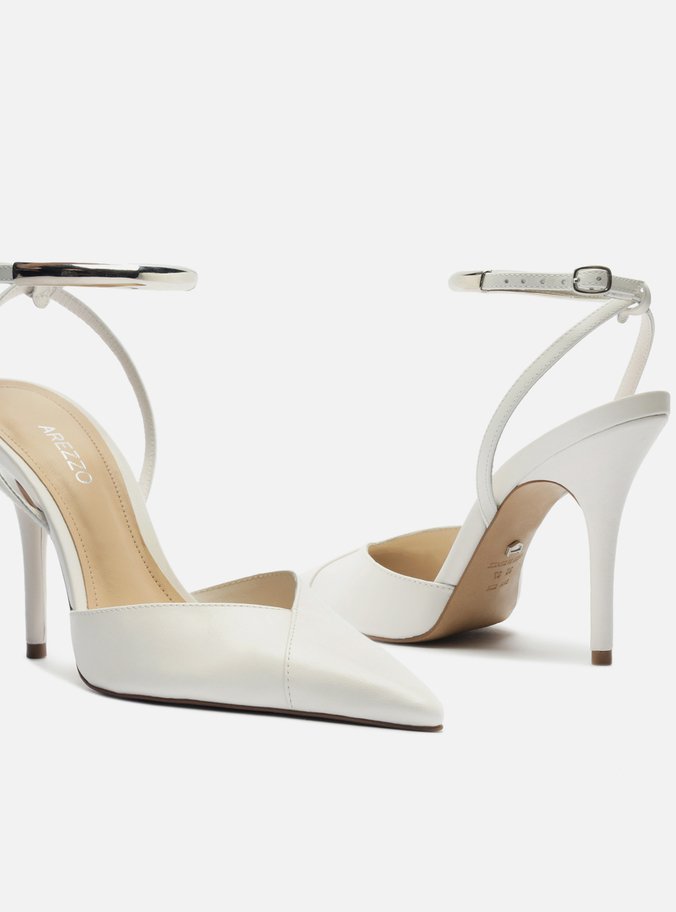 Scarpin Branco Couro Salto Alto Tira Metal