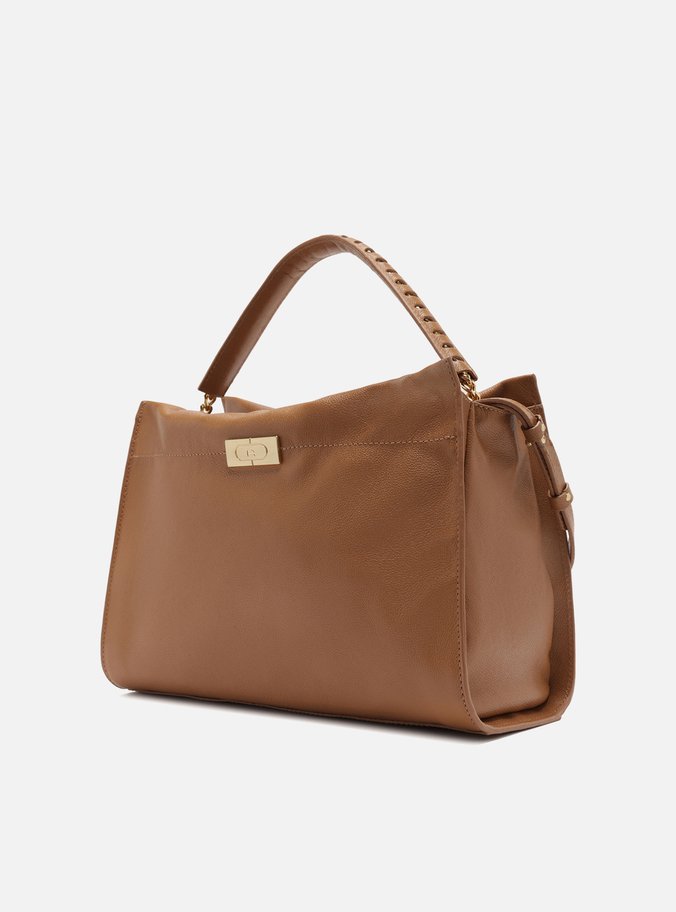 Bolsa Tote Marrom Couro Grande Metal