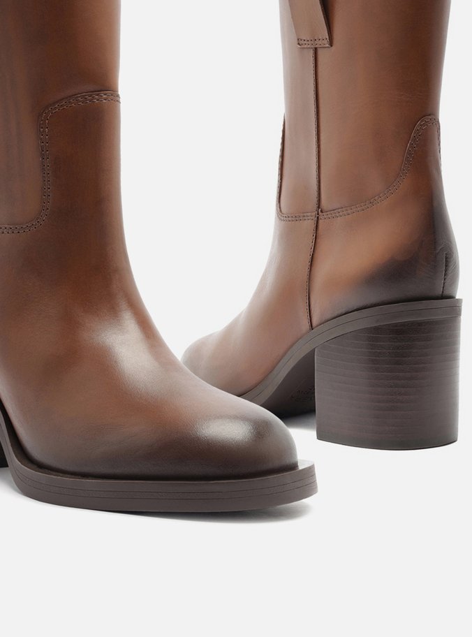 Bota Marrom Couro Cano Médio Salto Bloco Tiras