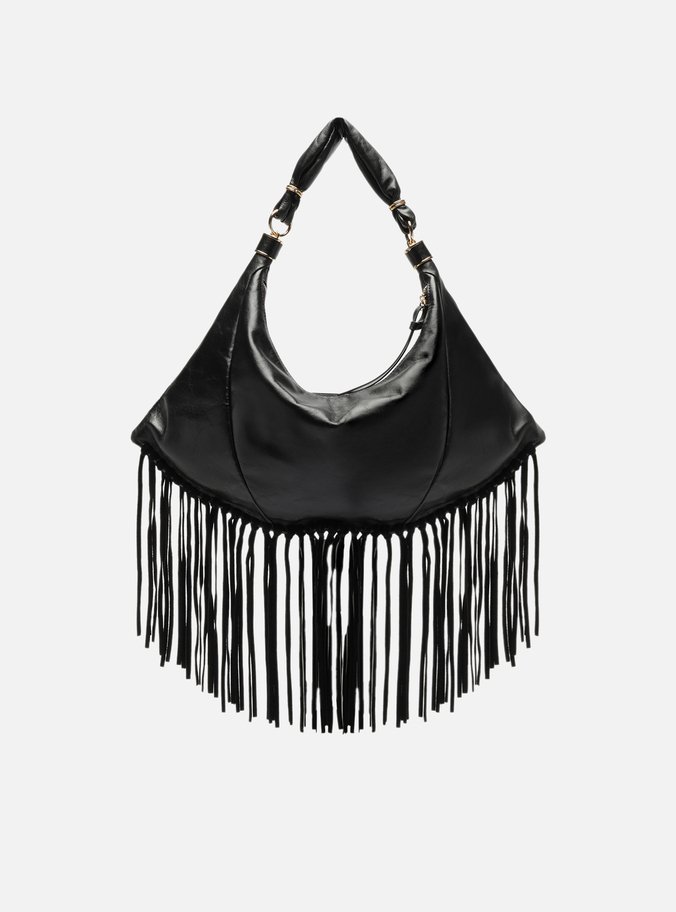 Bolsa Hobo Preta Couro Média Franjas