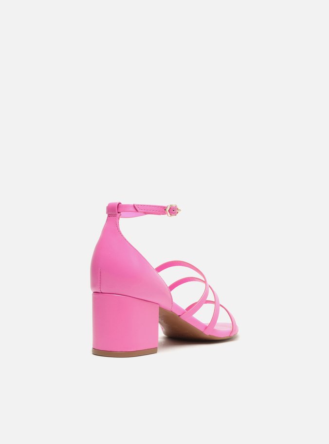 Sandália Rosa Pink Couro Salto Bloco Tiras Finas