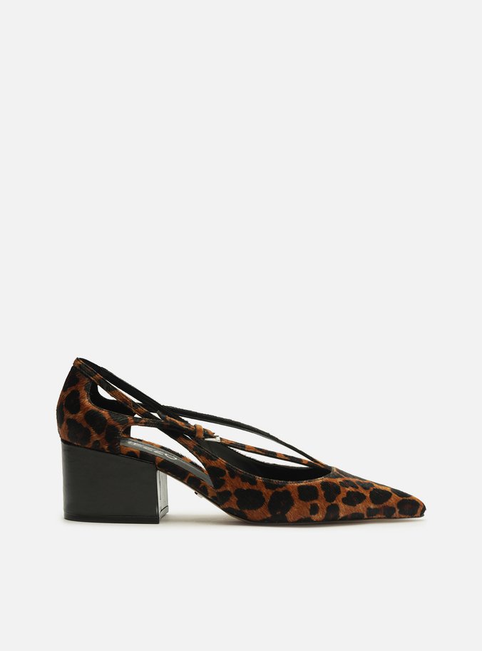 Scarpin Animal Print Couro Bloco Semi Aberto Tiras