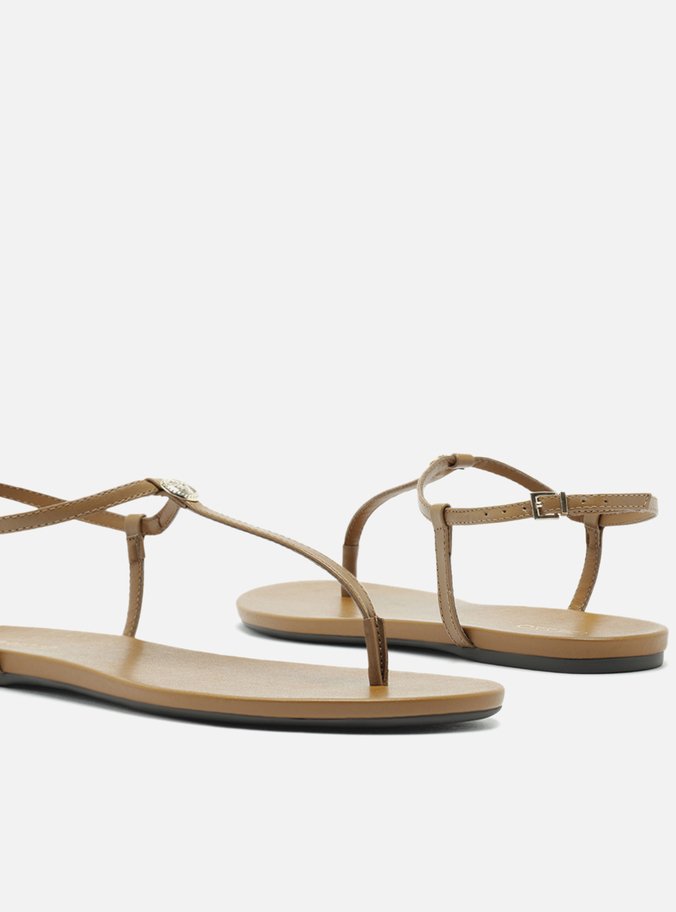 Sandália Rasteira Marrom Claro Couro Slim Metal