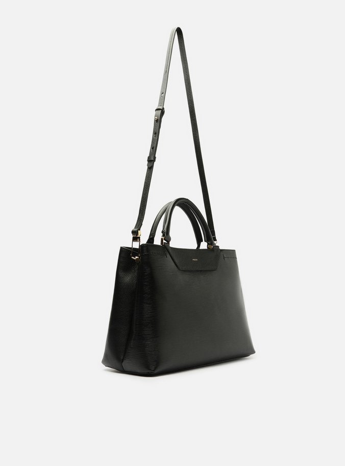 Bolsa Tote Preta Couro Textura Grande