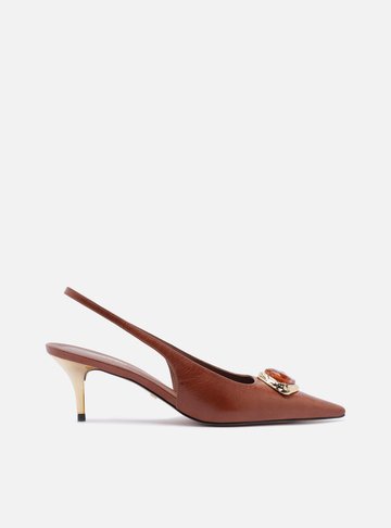 Scarpin Marrom Couro Salto Baixo Slingback Pedraria