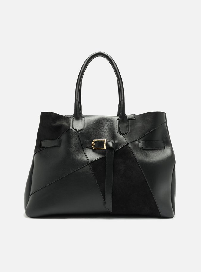 Bolsa Shopping Preta Couro Grande Fivela
