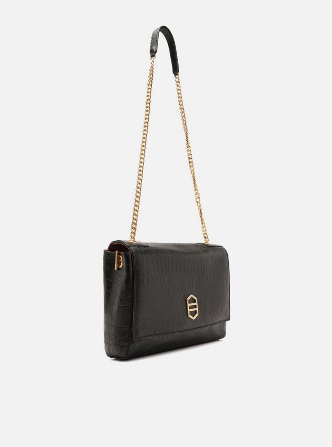 Bolsa Tiracolo Preta Couro Croco Média Reversível