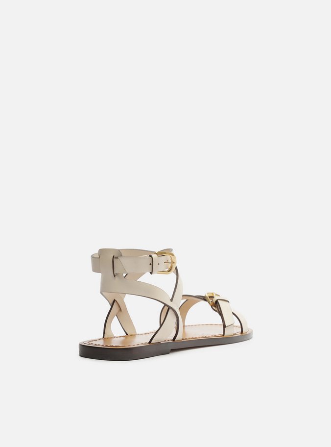 Sandália Rasteira Off-White Couro Tiras Fivelas
