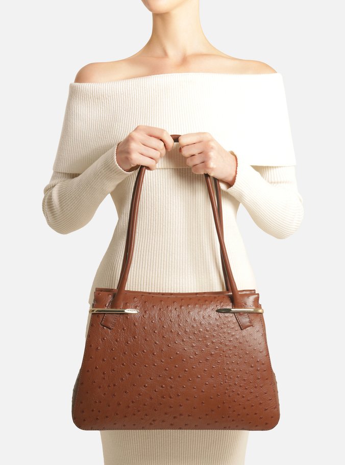 Bolsa Shopping Marrom Couro Grande Metais Textura