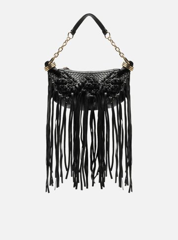 Bolsa Hobo Preta Couro Média Tressê Franjas