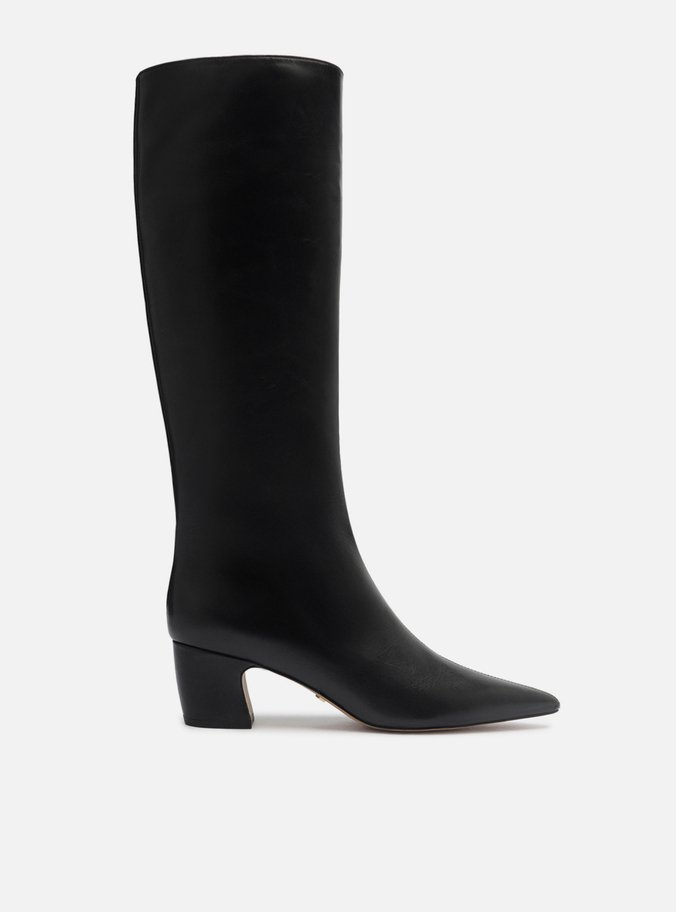 Bota Preta Couro Cano Longo Bico Fino Zíper