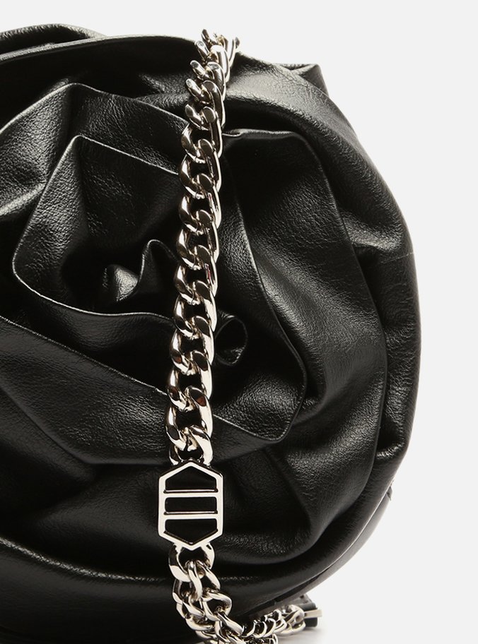 Bolsa Tiracolo Preta Couro Pequena Flor
