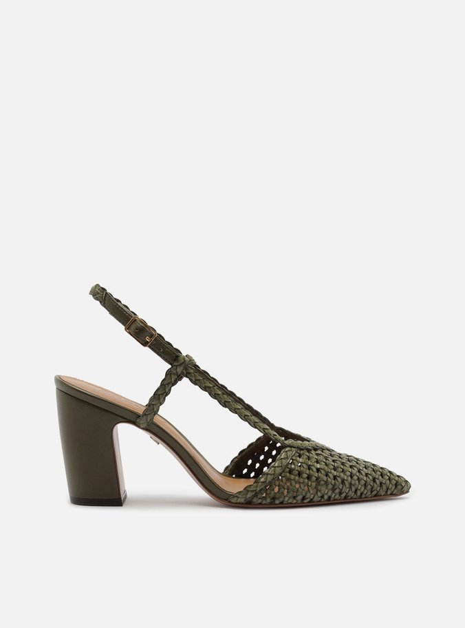 Scarpin Verde Trançado Salto Médio Bloco Slingback