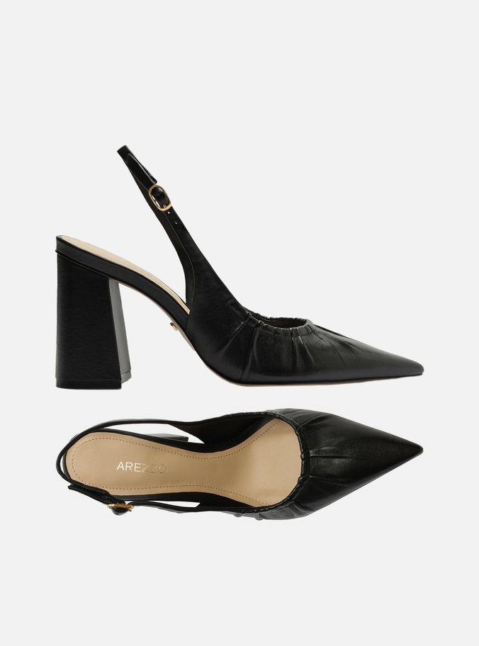 Scarpin Preto Couro Salto Alto Slingback