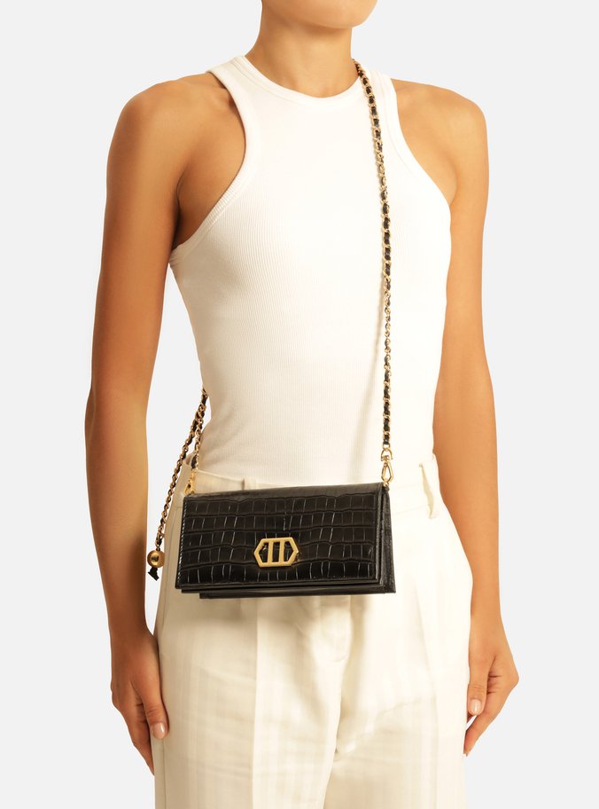 Clutch Preta Couro Croco Pequena Metal