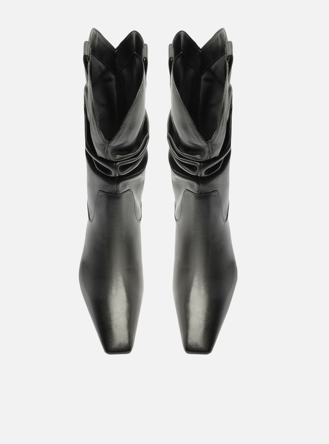 Bota Preta Couro Cano Franzido Salto Médio