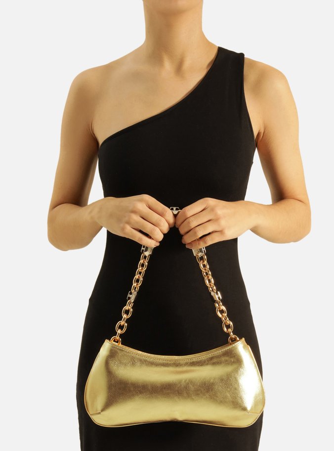 Bolsa Baguete Dourada Couro Média Corrente