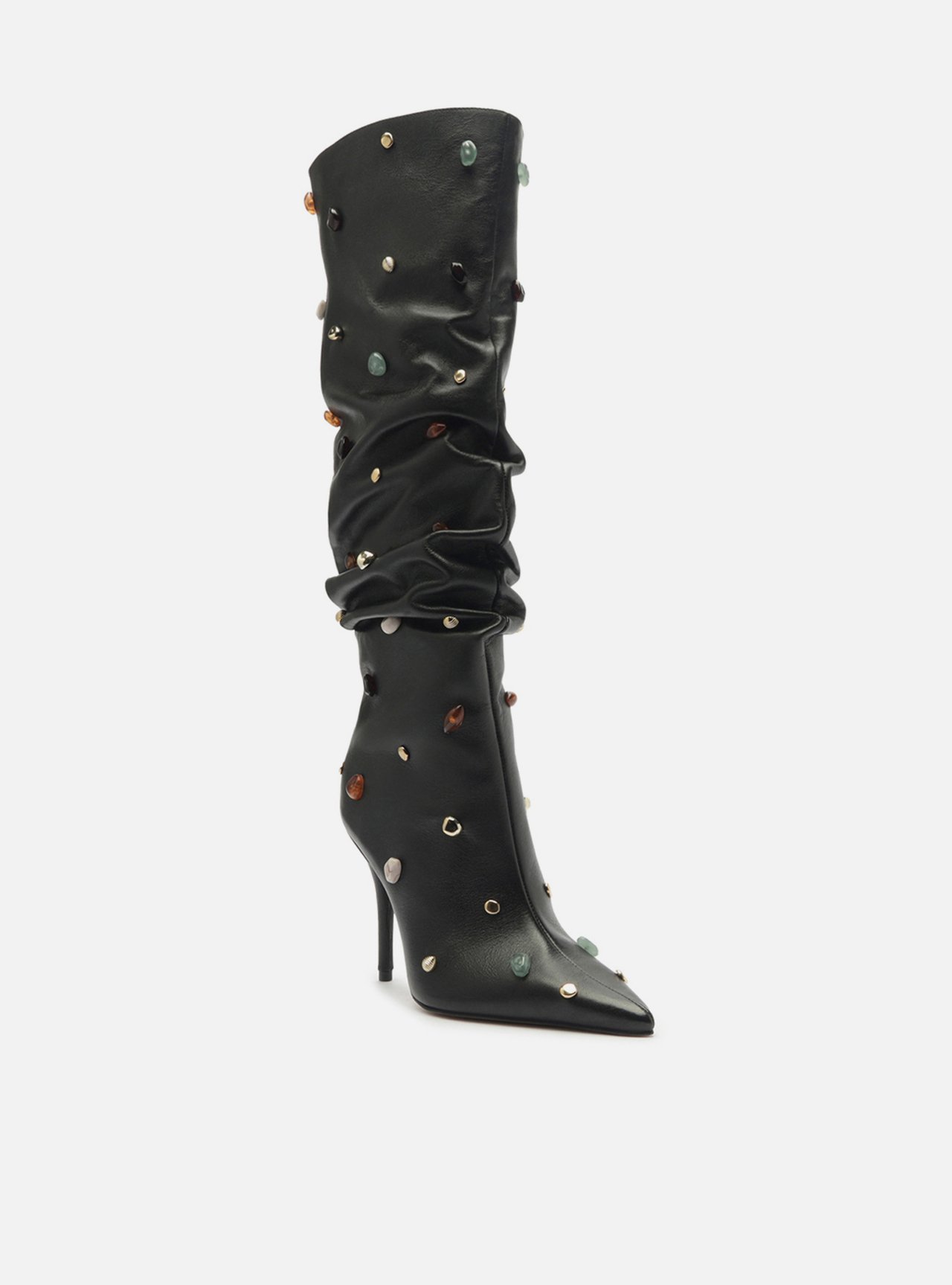 Bota Preta Couro Salto Fino Slouchy Pedras — foto 3