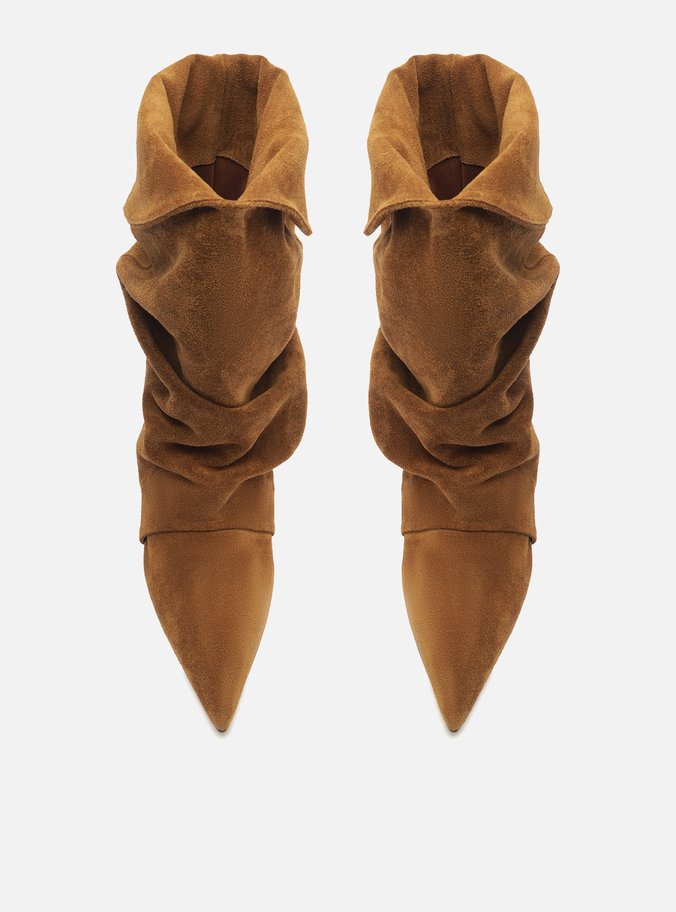 Bota Marrom Suede Cano Médio Salto Fino Slouch