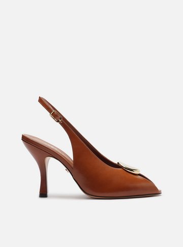 Peep Toe Marrom Couro Salto Alto Slingback