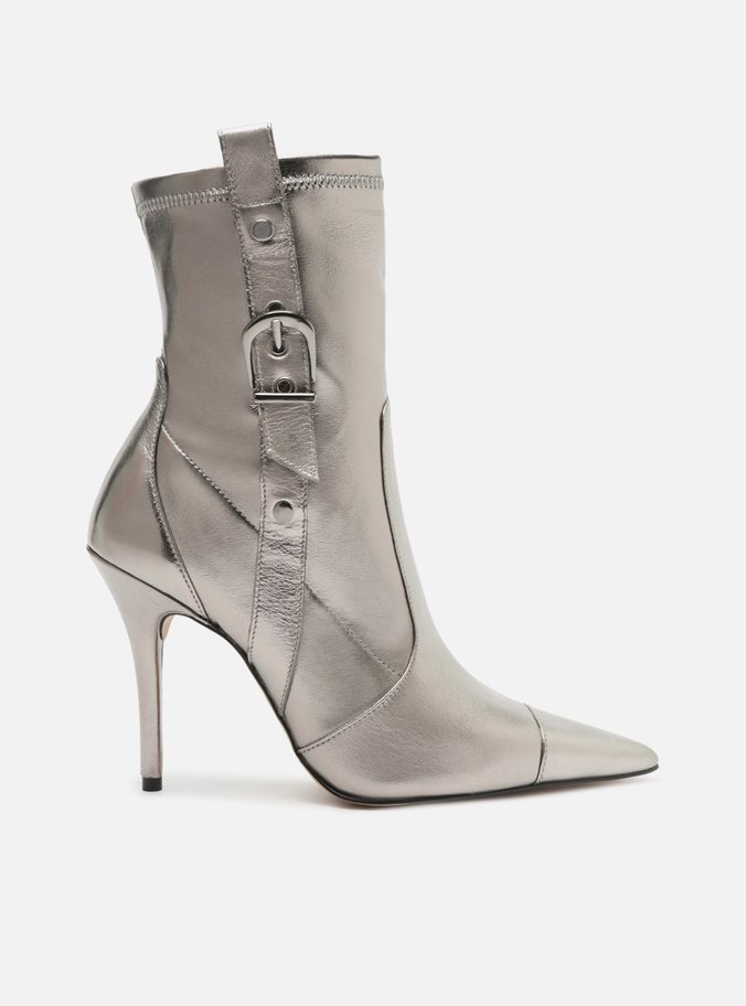 Bota Prata Couro Cano Curto Bico Fino Fivela