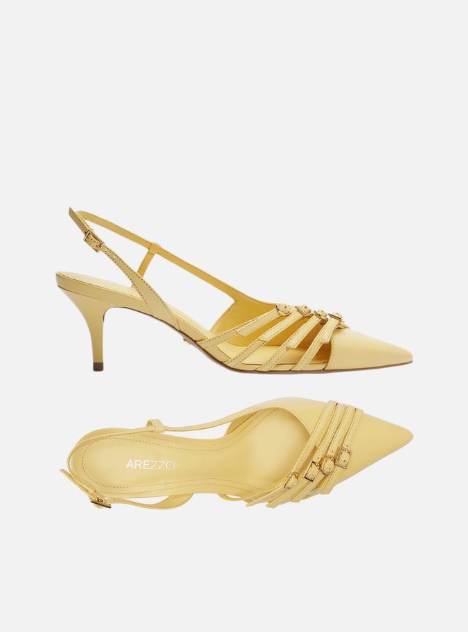 Scarpin Amarelo Couro Salto Kitten Tiras Fivelas