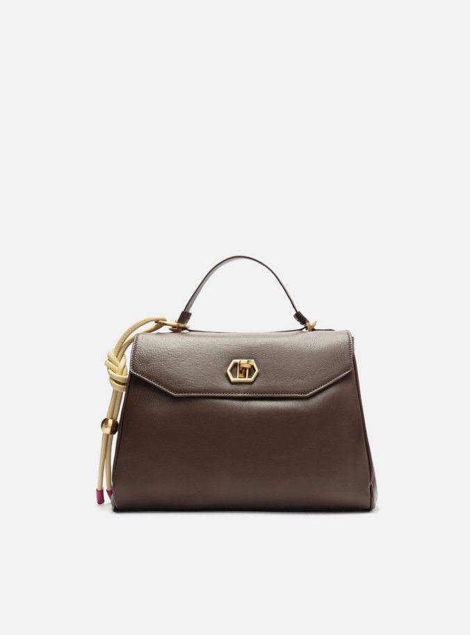 Bolsa Satchel Marrom Couro Média Bag Charm Nó