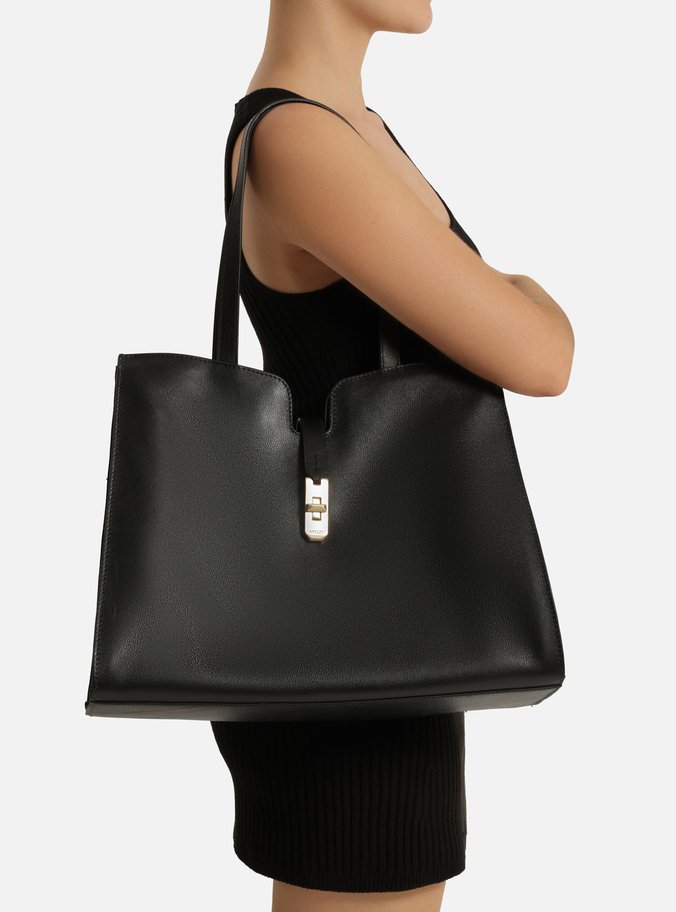 Bolsa Shopping Preta Couro Grande Encaixe