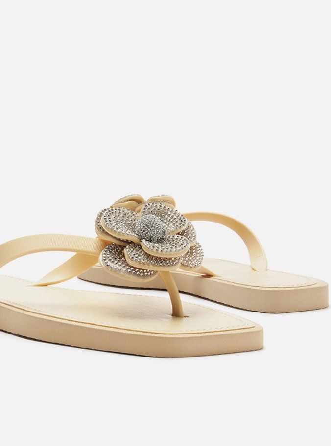 Chinelo de Dedo Bege Recouro Square Flor Strass