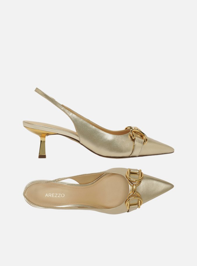 Scarpin Dourada Snake Bico Fino Slingback Bridão