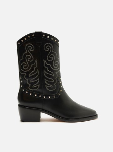Bota Preta Couro Cano Médio Bordado Western