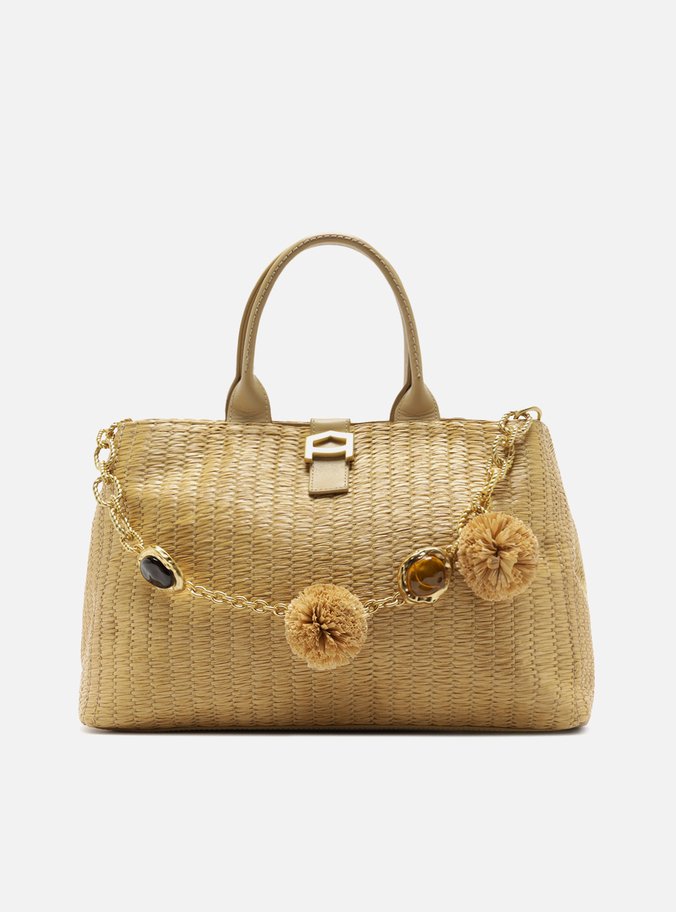 Bolsa Tote Bege Tramado Couro Grande Pingentes