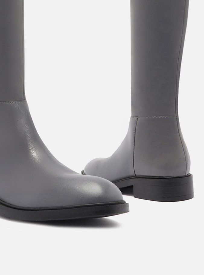 Bota Over The Knee Cinza Couro Salto Bloco