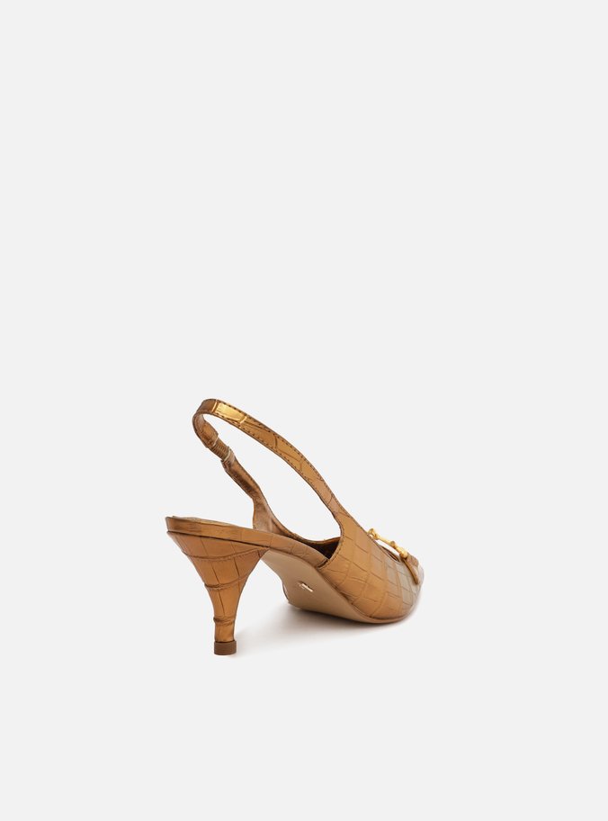 Scarpin Dourado Croco Bico Fino Slingback Bridão