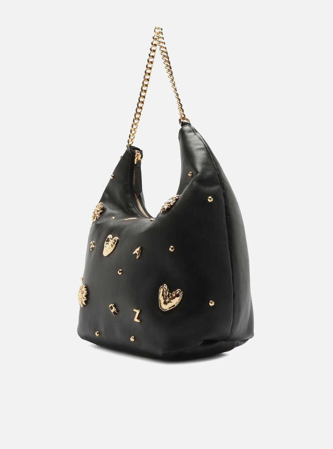 Bolsa Hobo Preta Couro Grande Metais Fun
