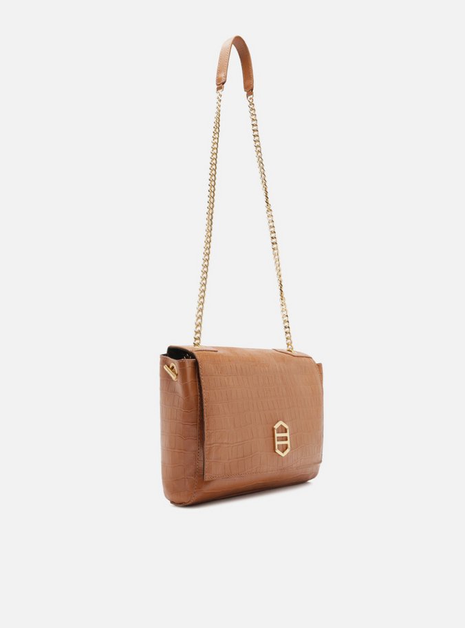Bolsa Tiracolo Marrom Couro Croco Média Reversível