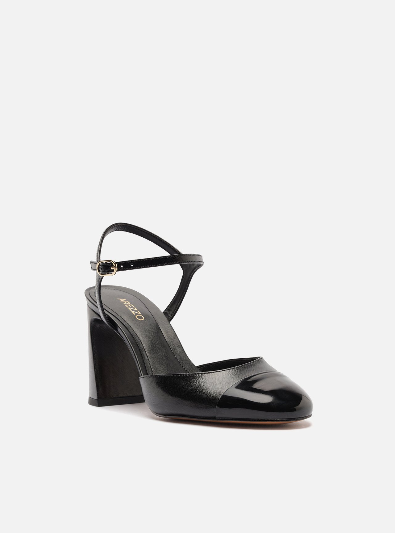 Scarpin Preto Couro Salto Bloco Fivela Slingback — foto 2