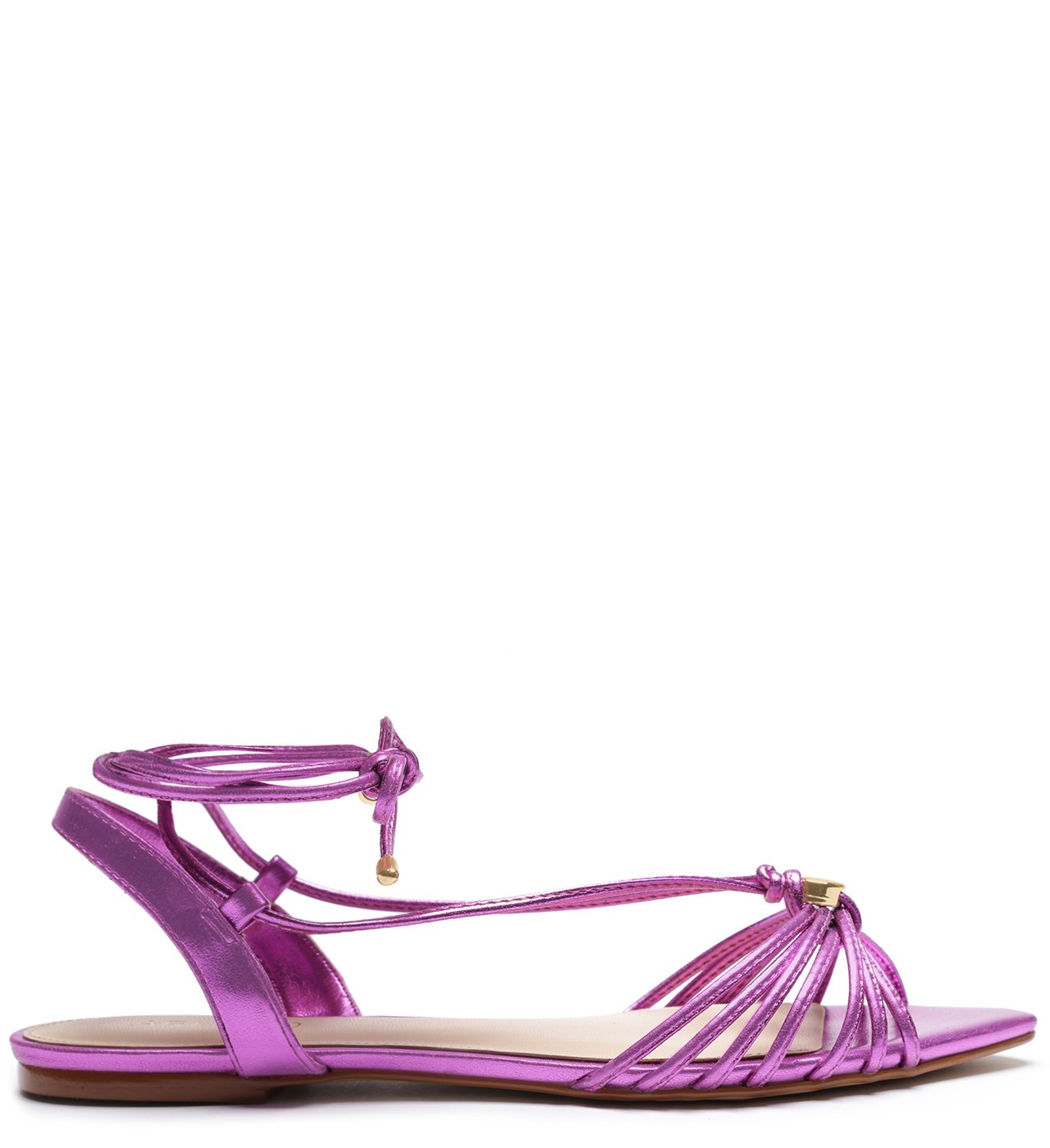 Sandália Rasteira Bico Folha Amarração Metal Pink | Arezzo