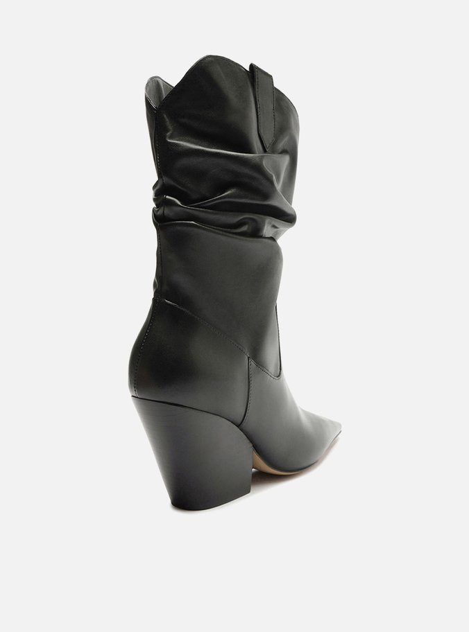 Bota Preta Couro Cano Franzido Salto Médio