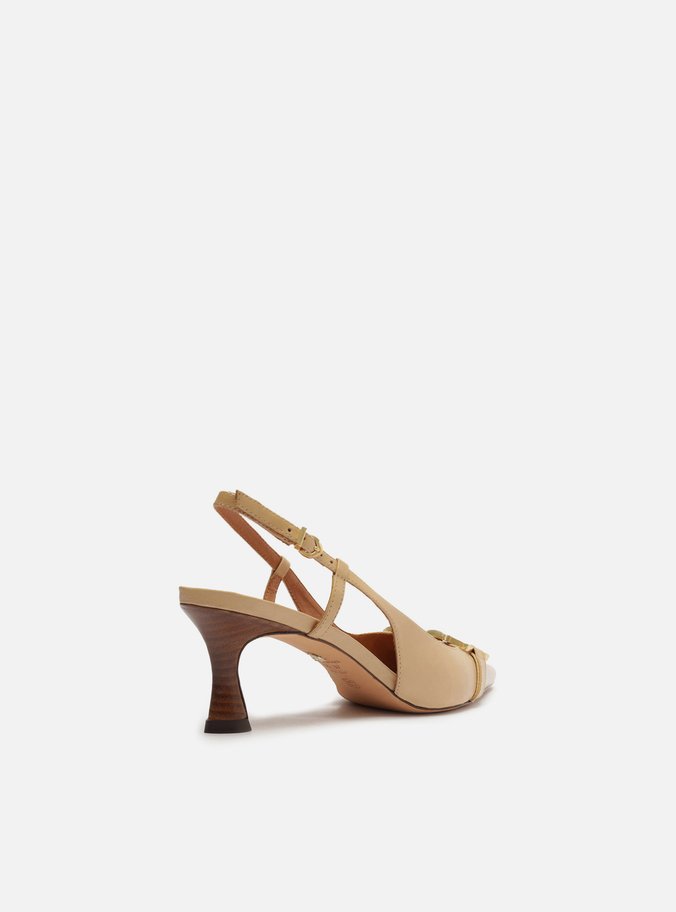 Scarpin Nude Couro Bico Fino Slingback Metal