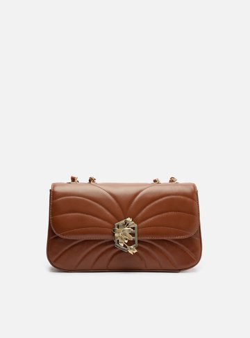 Bolsa Tiracolo Marrom Couro Média Metal Flor